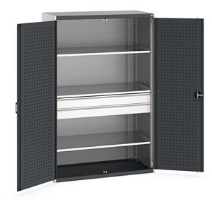 40022139.** Bott Cubio kitted cupboards come with drawers and shelves, overall dimensions of 1300mm wide x 650mm deep x 2000mm high. The cupboards have reinforced lockable steel doors with zinc plated locking bars and cam providing secure 3 point locking. ...